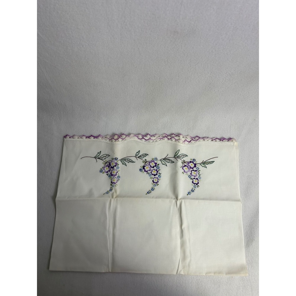 Vintage Cottagecore Hand Embroidered Pillowcase Standard White Purple Floral